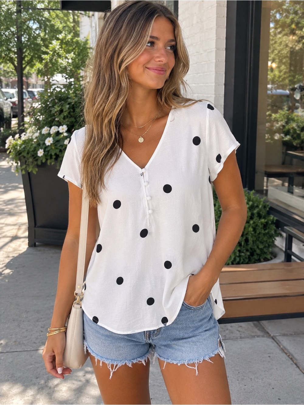 LOFT White Polka Dot V-Neck Top with Buttons size XS